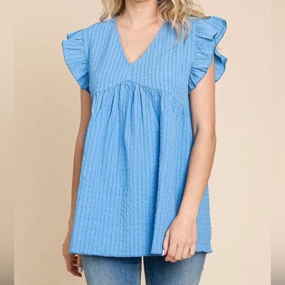 Plus Size Blue Ruffle Sleeve Women's Top - Picture 1 of 3